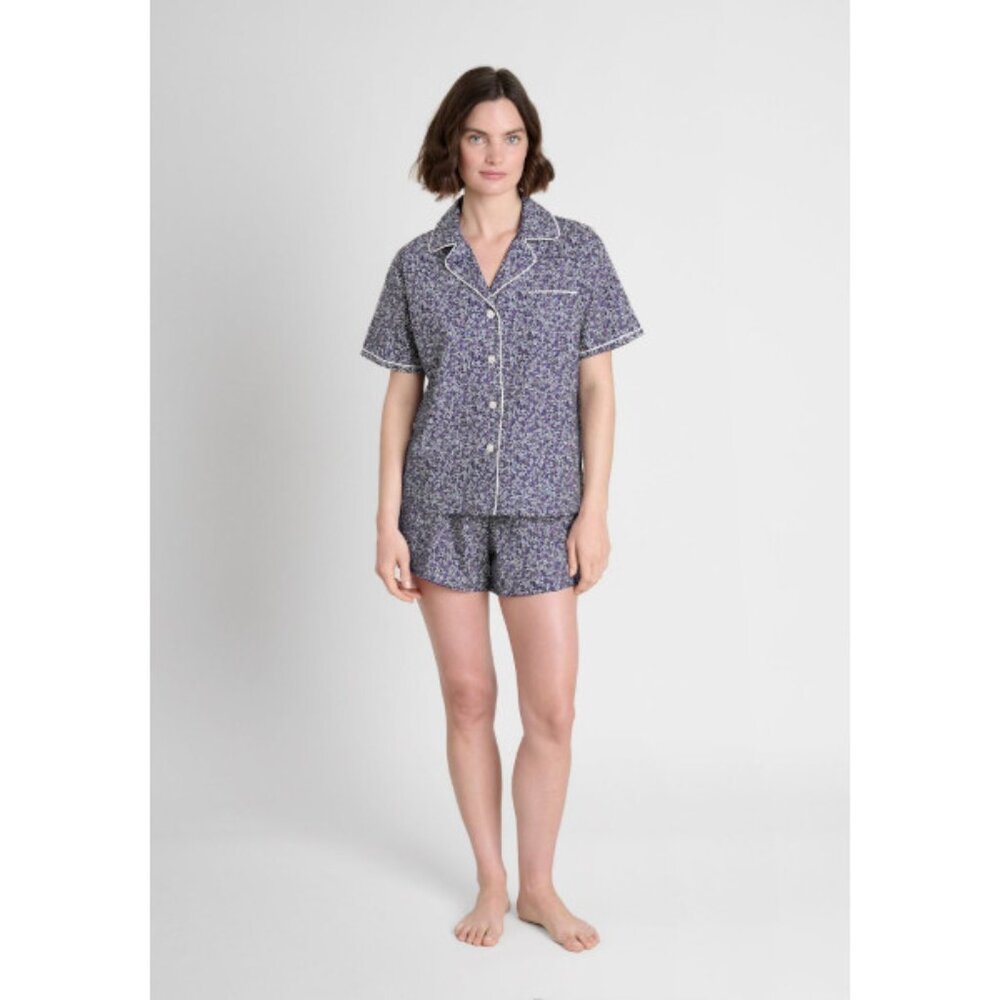 Sleepy Jones navy blue Liberty print Glenjade Corita Paloma short pajama set
